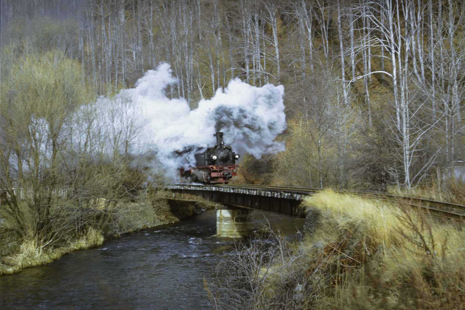 99 1582 mit Güterzug in Niederschmiedeberg Schmalspurzug auf Brücke
