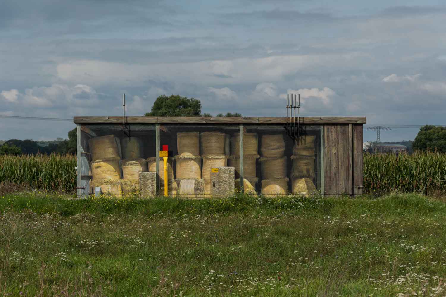 Als Scheune gestaltetes Street-Art-Trafohaus auf Feld Graffiti- Trafohaus