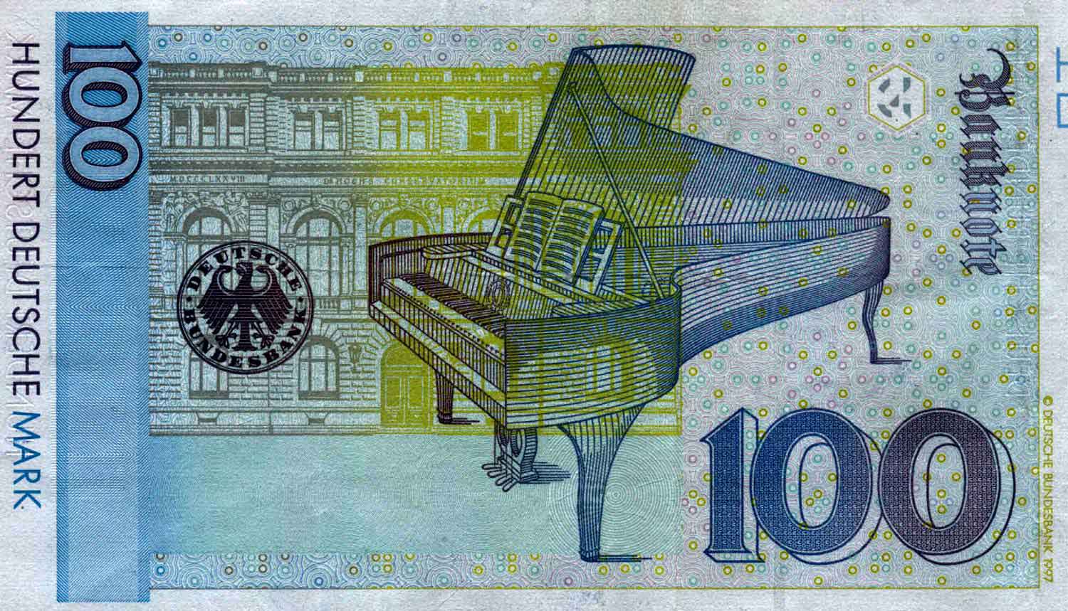 Der Fehler am Zwickauer Schumann-Flügel wurde umgehend bemerkt Rückseite 100-DM-Schein
