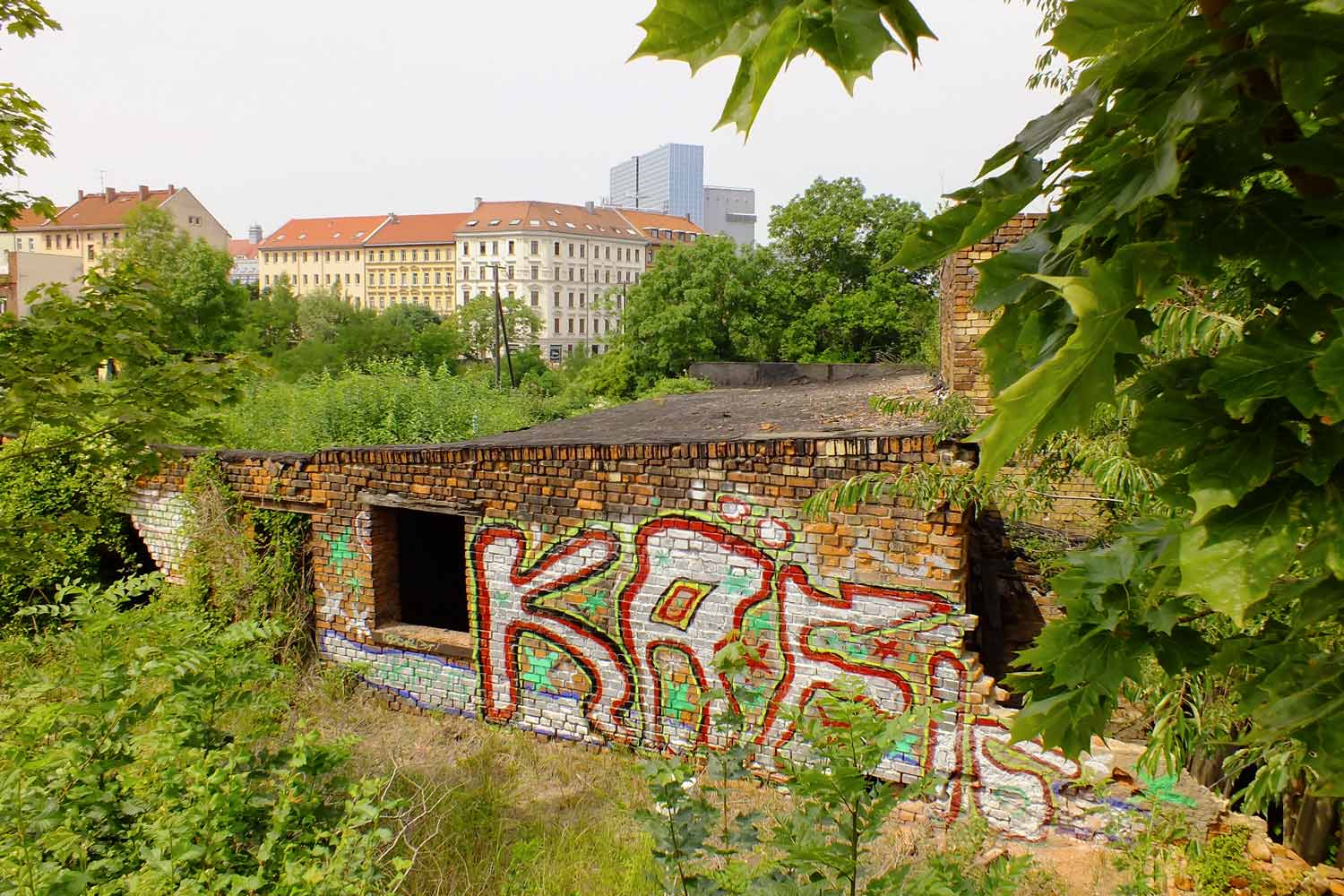 Ein Gebäuderest am Areal des Leipziger Hauptbahnhofs versinkt in der Natur Gebäudereste im Grünen