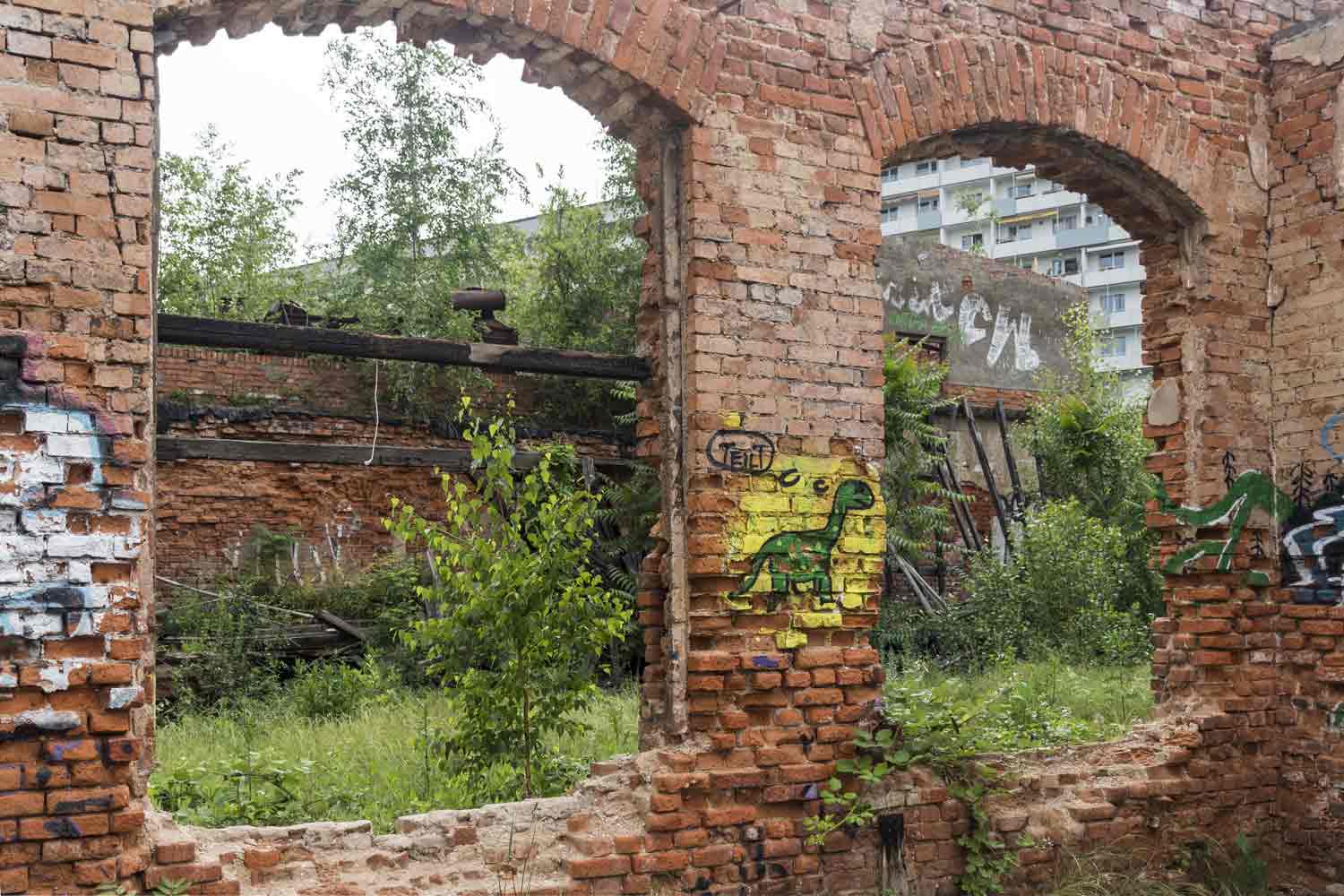 Blick zur Plattenbauten-Front in der Straße des 18. Oktober Ausblick aus Ruinenfenster